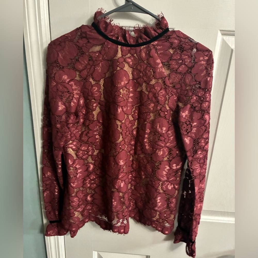 Wayf Burgundy Lace Long-Sleeve Blouse with Velvet Trim